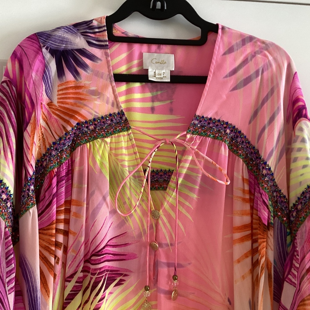 Camilla South Beach Sunrise 100% Silk Gathered Yoke Short Dress Blouson Sleeves - Picture 3 of 16